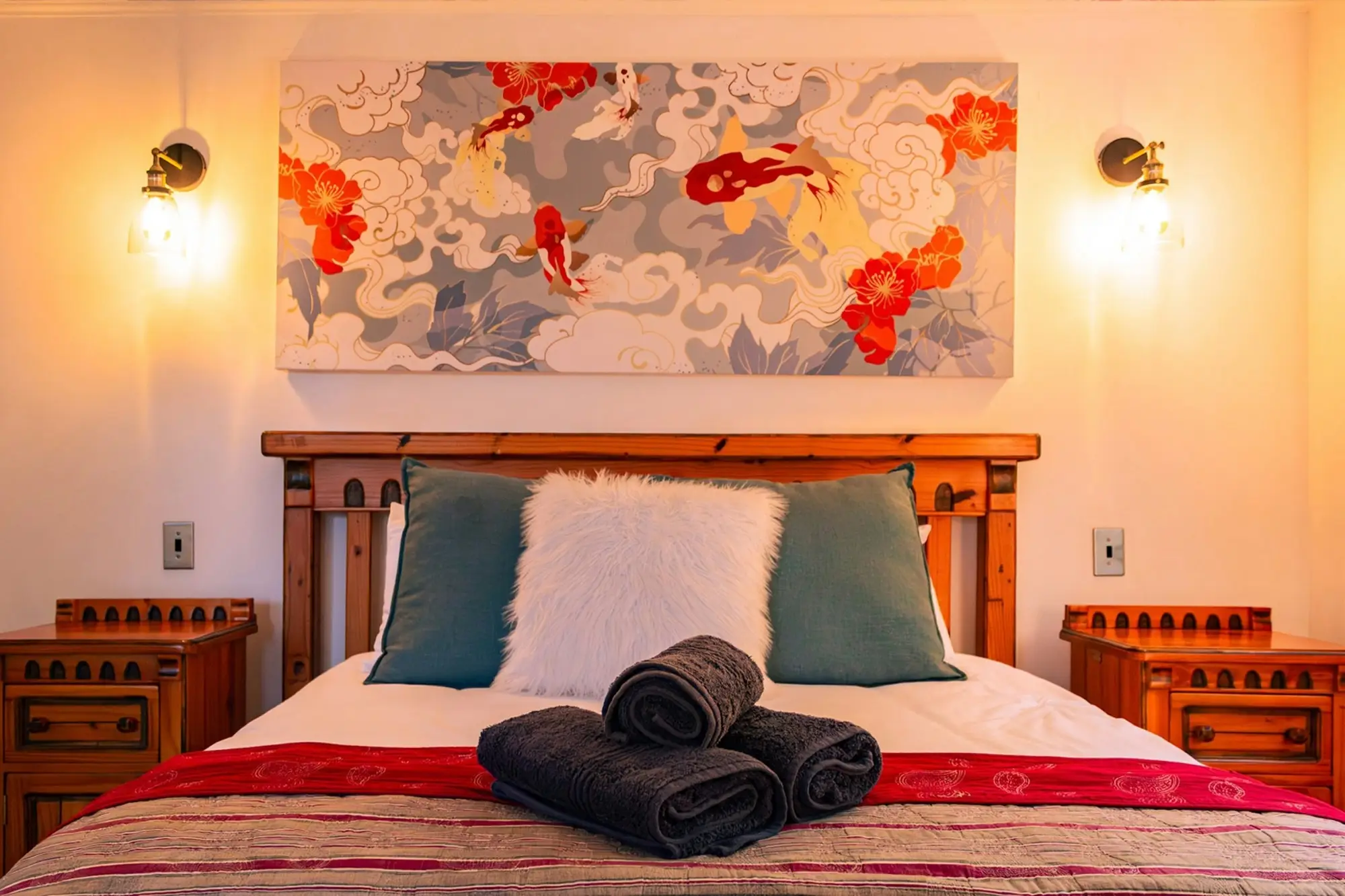 Master bedroom with a queen bed, artwork above the headboard and brass wall lamps