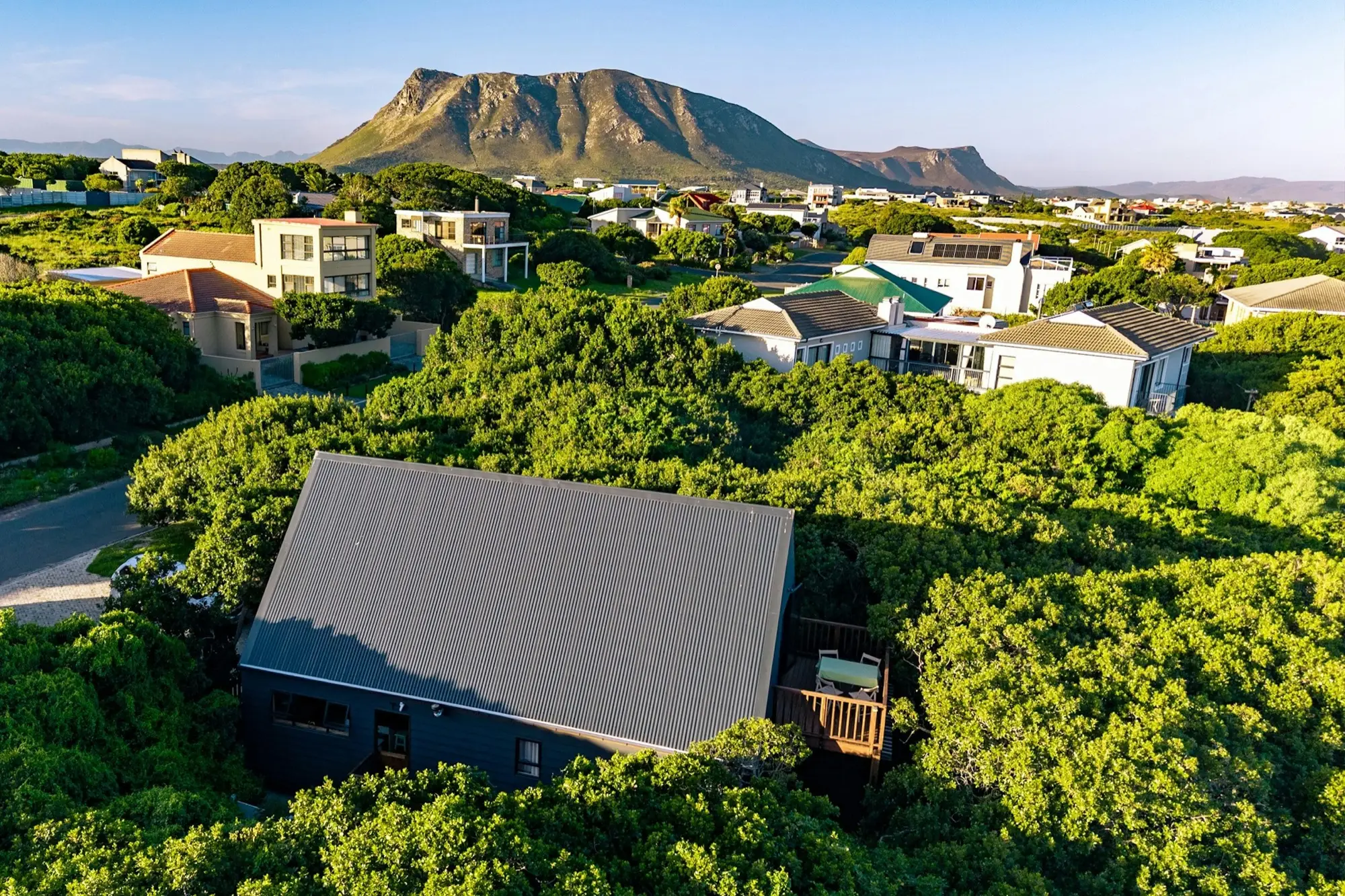 Aerial view of the cabin among the milkwoods with the mountain and village behind