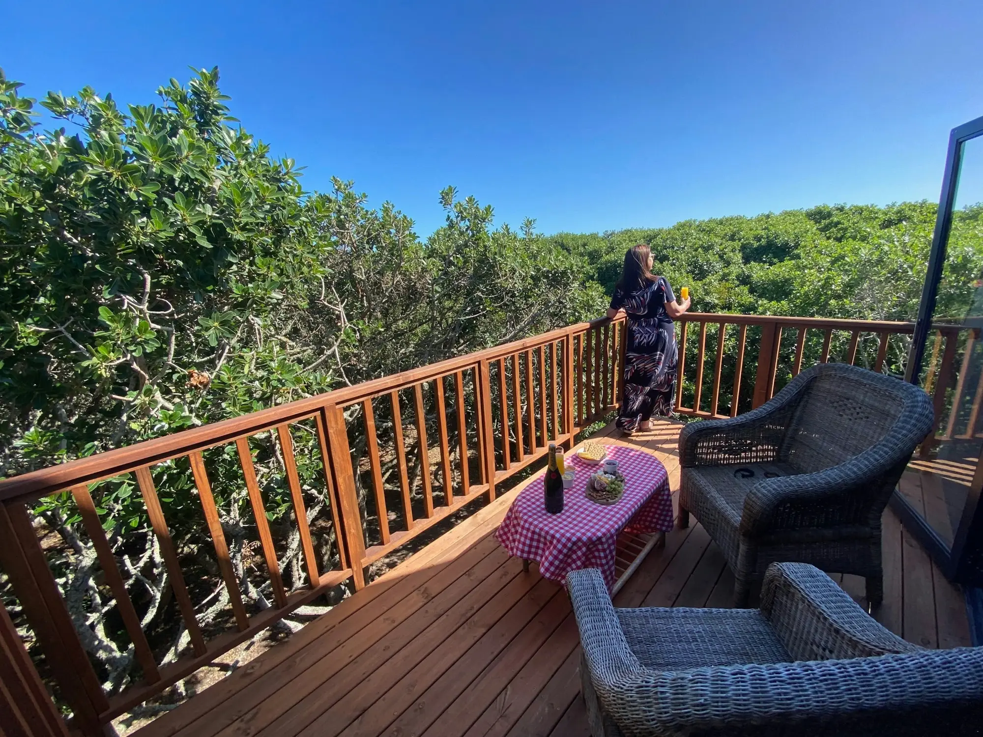 Upper deck with wicker chairs looking out over fynbos towards the sea