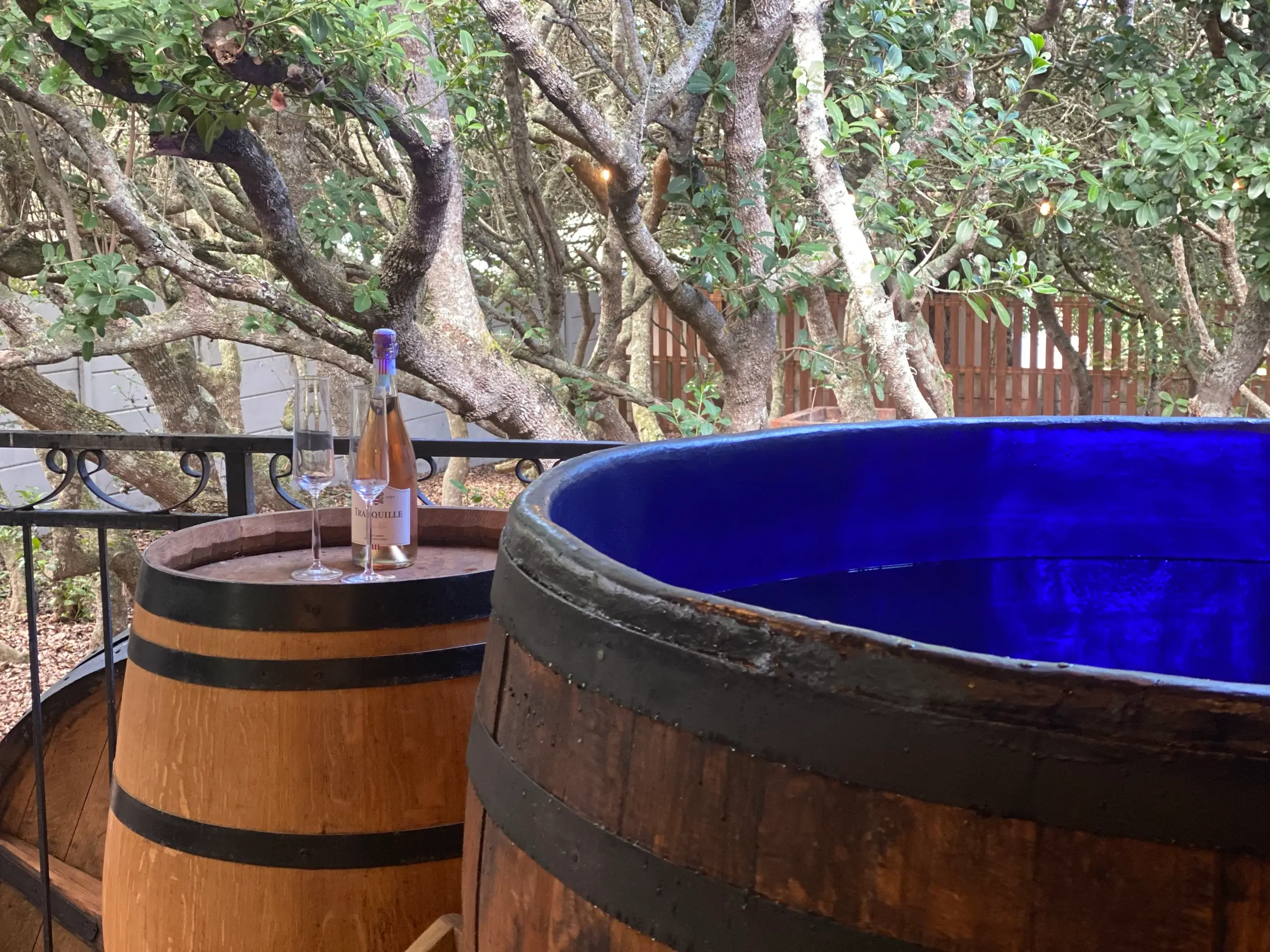 The wine-barrel hot tub on the deck, lit deep blue, with a bottle of rose and two glasses on a second barrel under the milkwoods