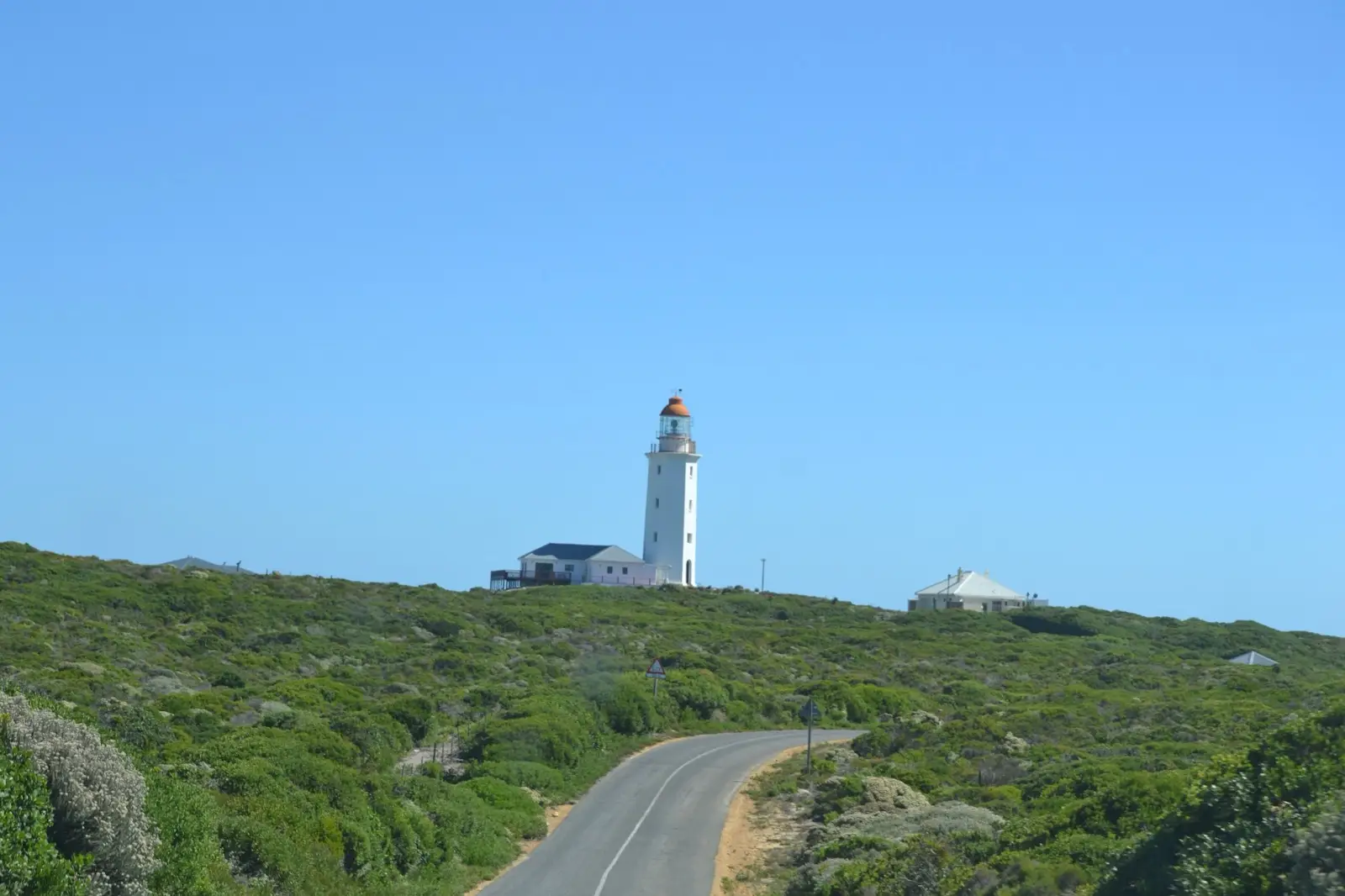 The 1895 Danger Point lighthouse above the fynbos at the end of the road